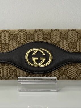 Gucci Beige Monogram Canvas Wallet with Brown Leather Trim and Gold Hardware